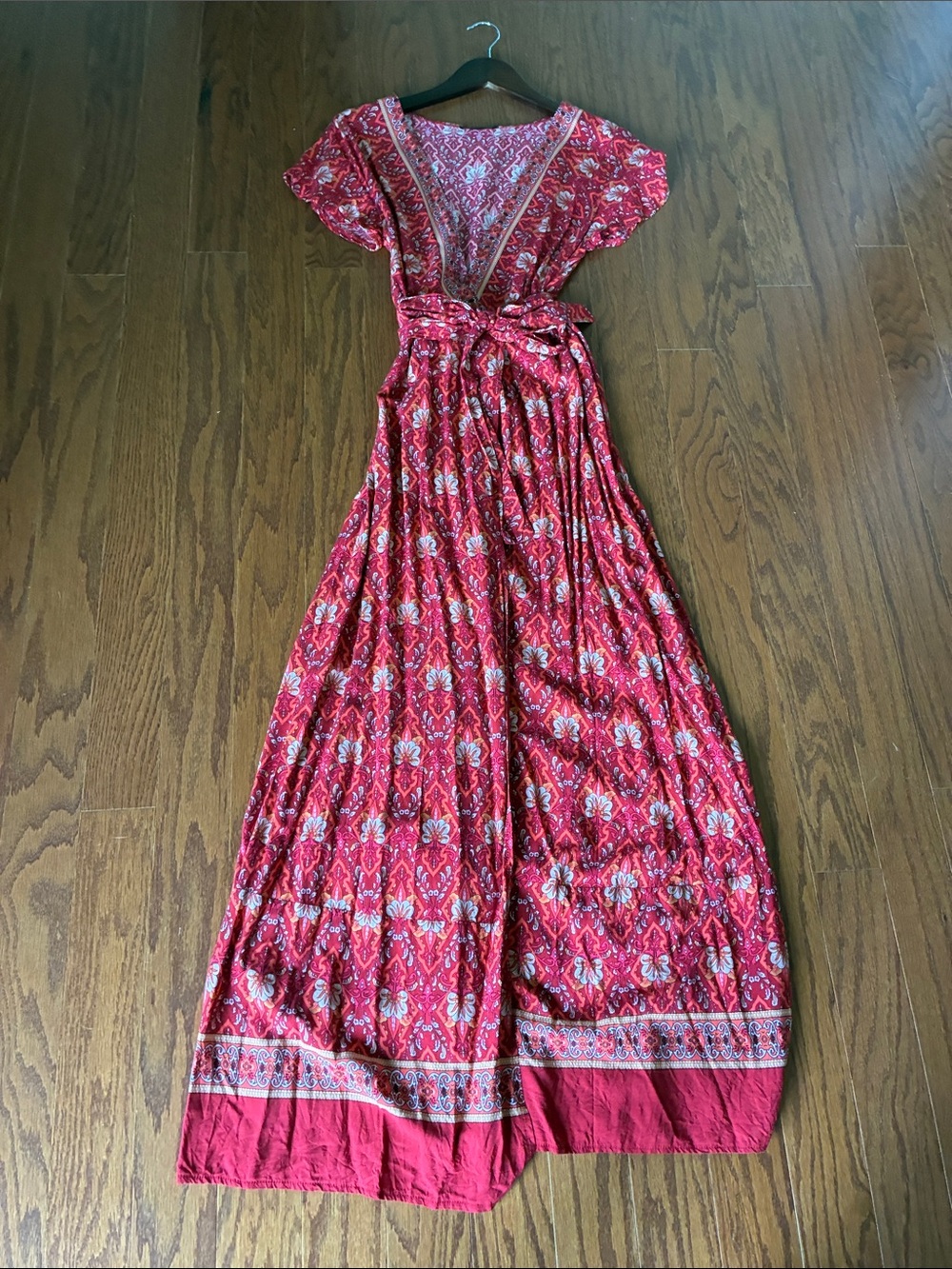 Boho Red Floral V-Neck Wrap Maxi Dress with Slit M - Picture 8 of 11